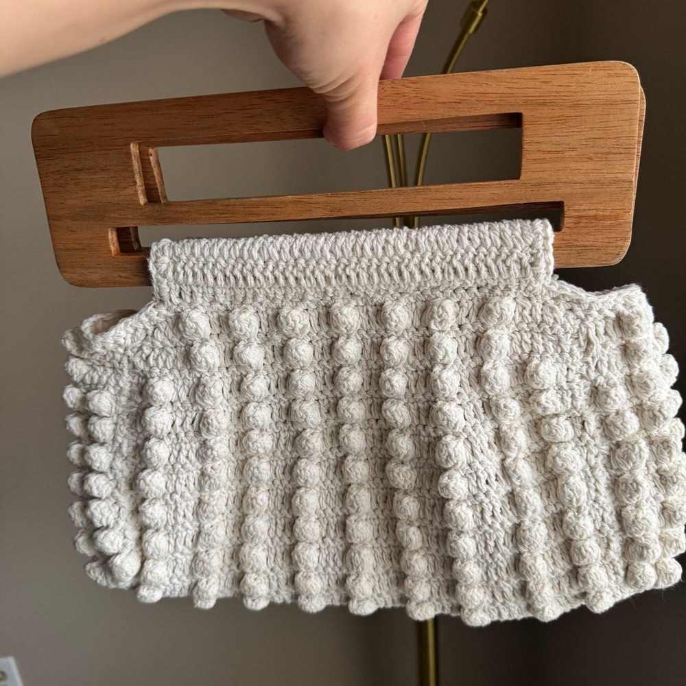 Cleobella Ivory Crochet Malu Clutch with Carved Wood Handles